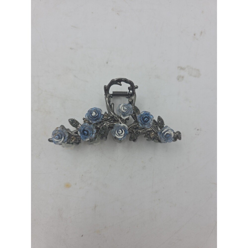 Blue Flower Floral Hair Clip Claw, Silver Tone Hair Accessory 12 cm